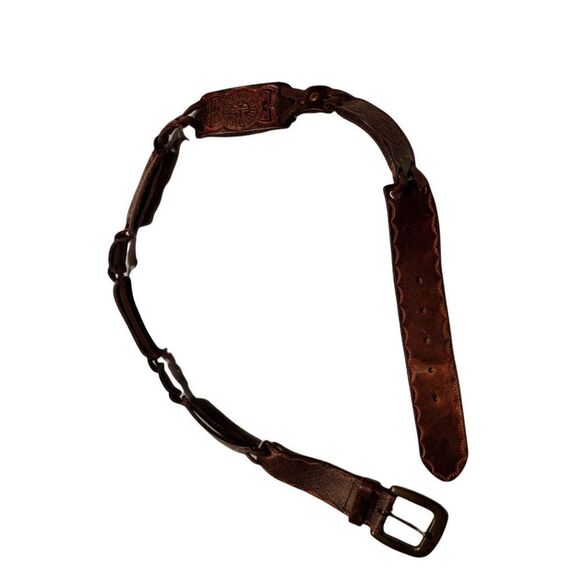 ✨Fossil Embossed Leather Belt Square Patchwork Brown Solid Brass Buckle Large✨ - Picture 4 of 9